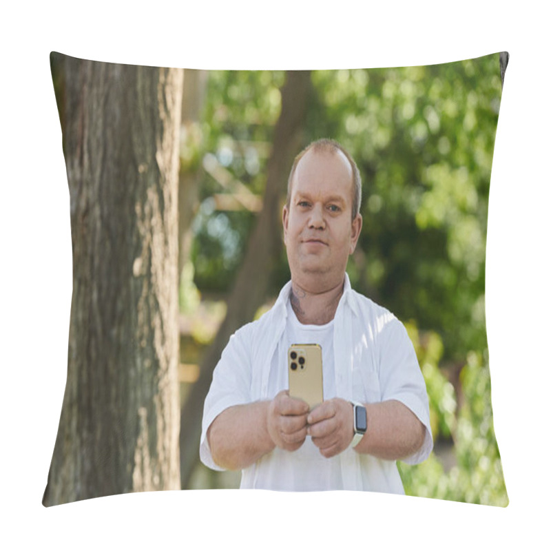 Personality  A Man With Inclusivity With A Smartphone In His Hand Walks Through A Lush Green Park On A Sunny Day. Pillow Covers