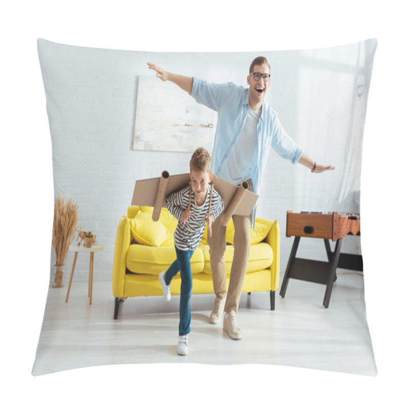 Personality  Happy Boy With Carton Plane Wings, And Cheerful Father Having Fun While Imitating Flying Pillow Covers