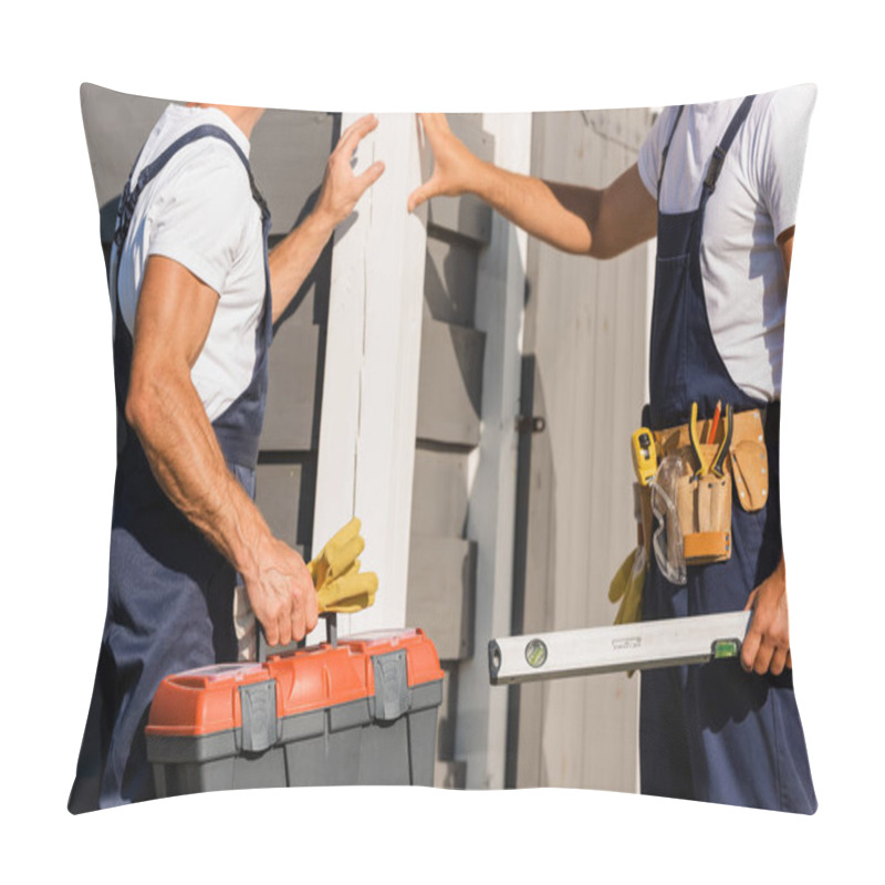 Personality  Cropped View Of Builders With Toolbox And Tool Belt Standing Near Facade Of Building Outdoors  Pillow Covers