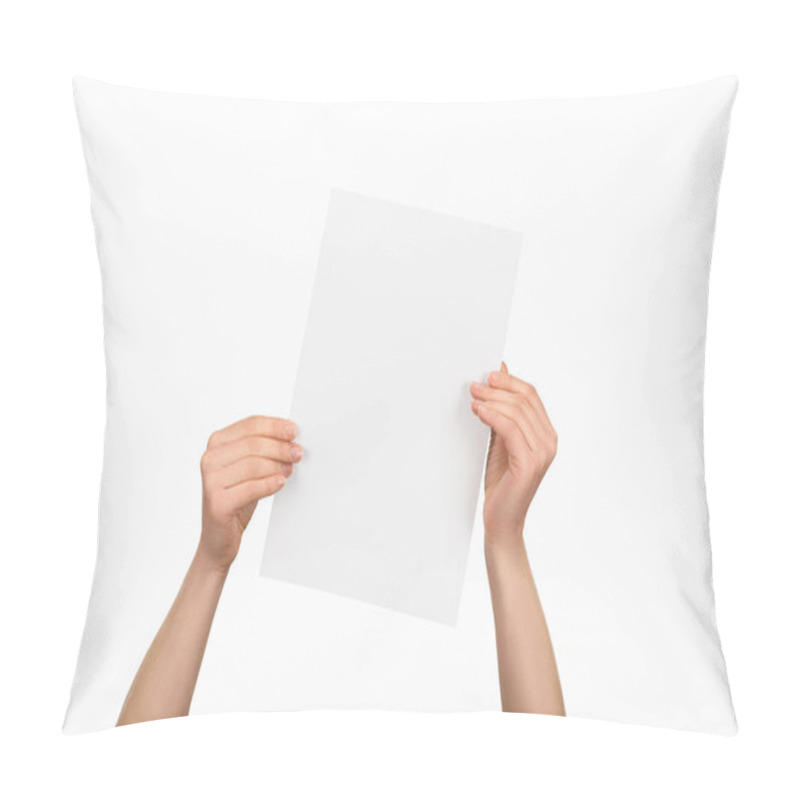 Personality  Cropped View Of Woman Holding Empty Paper Isolated On White Pillow Covers