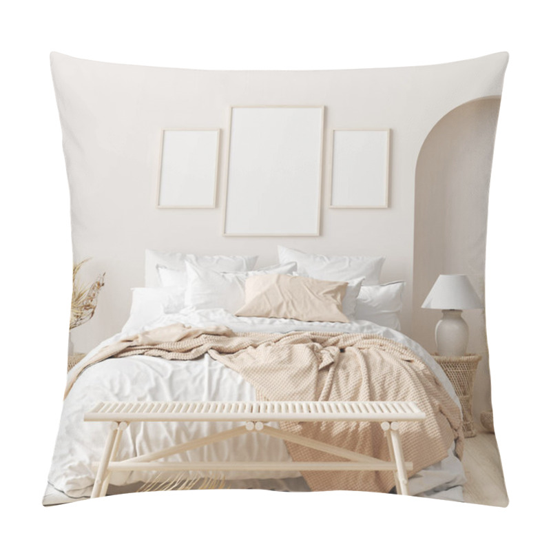 Personality  Mock Up Frame In Bedroom Interior Background, Beige Room With Natural Wooden Furniture, 3d Render Pillow Covers