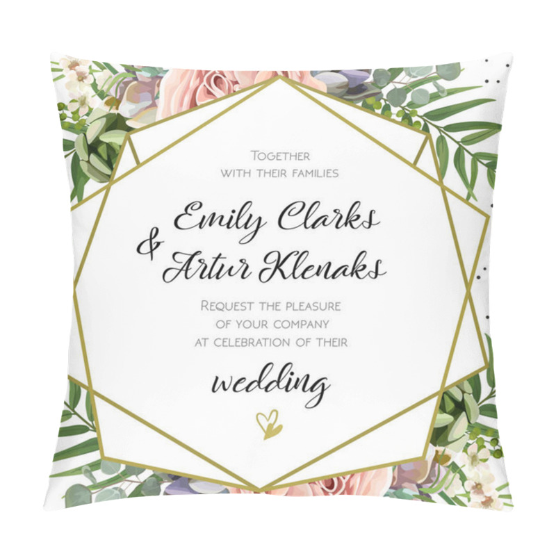 Personality  Wedding Invitation, Floral Invite Card Design: Peach Lavender Pink Garden Rose, Succulent, Wax, Eucalyptus, Green Palm Leaves, Forest Fern Greenery Geometric Golden Frame Print. Vector Cute Copy Space Pillow Covers