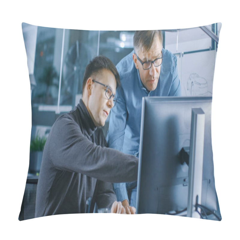 Personality  Experienced Senior Engineer Consults Young Designer About Project, They Have Discussion And Work On A Personal Computer. Pillow Covers