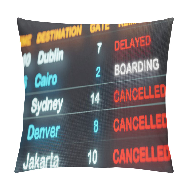 Personality  Airport Arrival And Departure Flight Board. Flight Board With Cancelled Or Delayed Flights. Device Screen, Airport Terminal, Information Medium, Tourism, Arrival, Departure And Travel. Pillow Covers