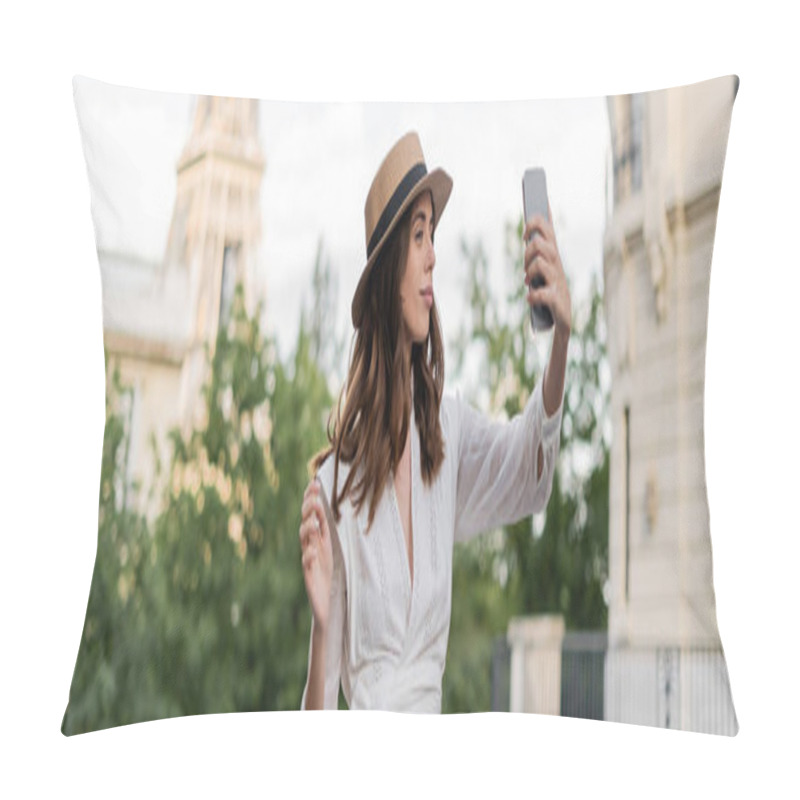 Personality  Stylish Woman Taking Selfie On Smartphone With Eiffel Tower On Background In Paris, Banner  Pillow Covers