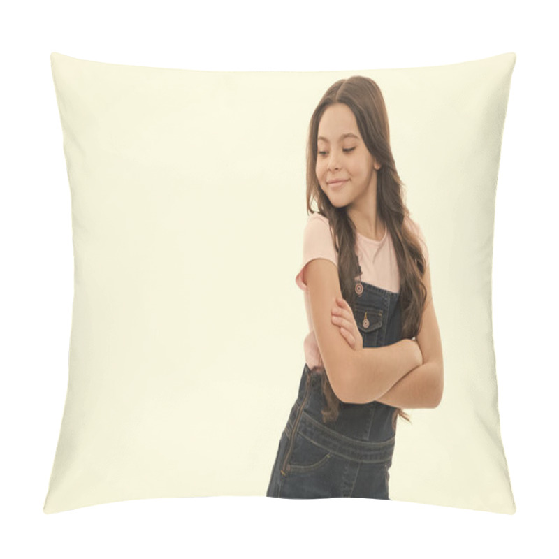 Personality  Happy Teenager Smiling In Trendy Teen Wear Studio. Teen Girl Keeping Arms Crossed Isolated On White. Teen Model In Casual Fashion Style, Copy Space. Pillow Covers