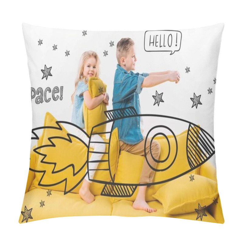 Personality  Brother And Sister Riding Drawn Rocket In Space While Sitting On Sofa At Home Pillow Covers