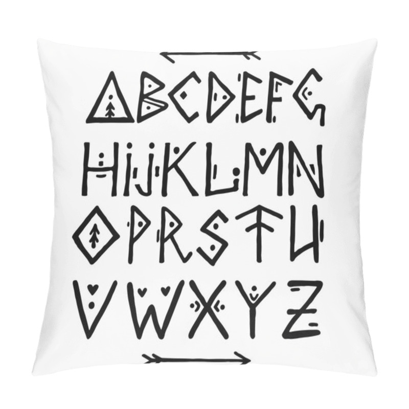 Personality  Ethnic Font In Scandinavian Style. ABC Hand Drawn Letters. Ancient Calligraphy Pillow Covers