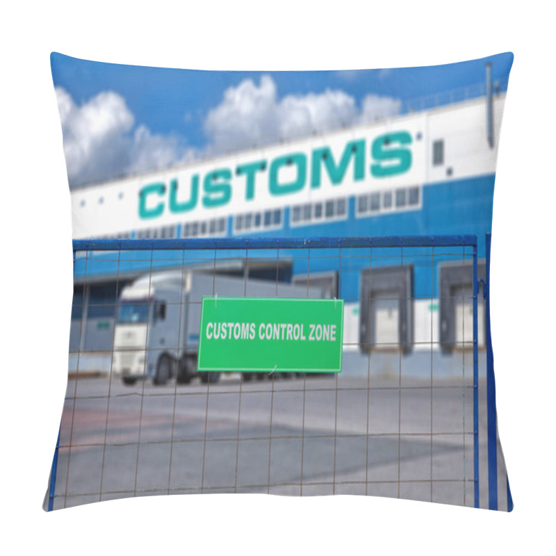 Personality  Checkpoint, Cargo Clearance With The Service Of Temporary Storage Of Goods On A Secured Bonded Warehouse And Freight Forwarding. White Letters On A Green Background, Inspection Warning Sign. Pillow Covers