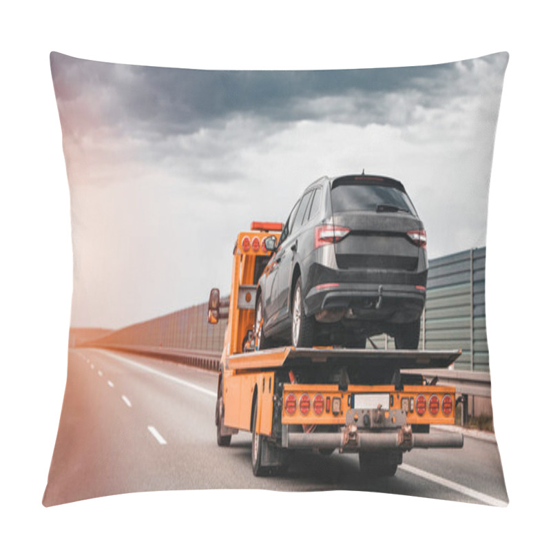 Personality  Tow Truck With A Broken Car On A Road. Tow Truck Transporting Car On The Highway. Car Service Transportation Concept. Roadside Rescue. Pillow Covers