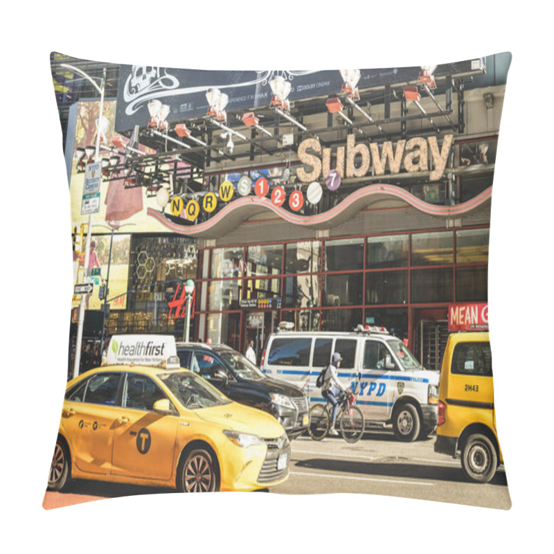 Personality  NEW YORK - OCTOBER 30, 2018: Rush Hour And Traffic Jam With Modern Yellow Taxi Cab By 7th Ave Near Times Square In Manhattan Downtown City Center Pillow Covers