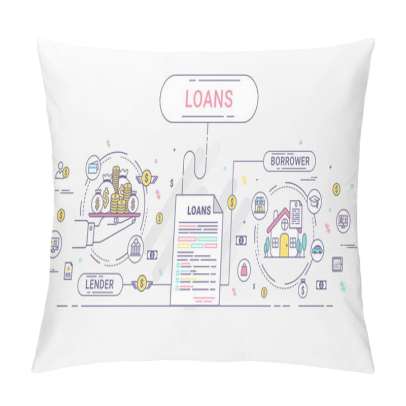 Personality  Loan Infographics. Loan Agreement Between The Lender And The Borrower. Flat Line Icons Design Contains Loan Offer, Finance, Money, Bank, Creditor, And Debtor. Vector Illustration. Pillow Covers