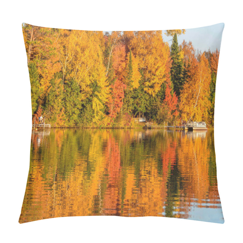 Personality  Autumn Trees Reflecting In Still Calm Lake. River Current Running Through Lake. Fall Colors Lakeshore. Horizontal Scenic Landscape Pillow Covers