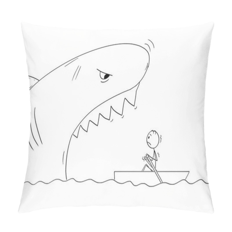 Personality  Cartoon Drawing Of Man In Small Boat And Dangerous Giant Shark With Mouth Open Pillow Covers