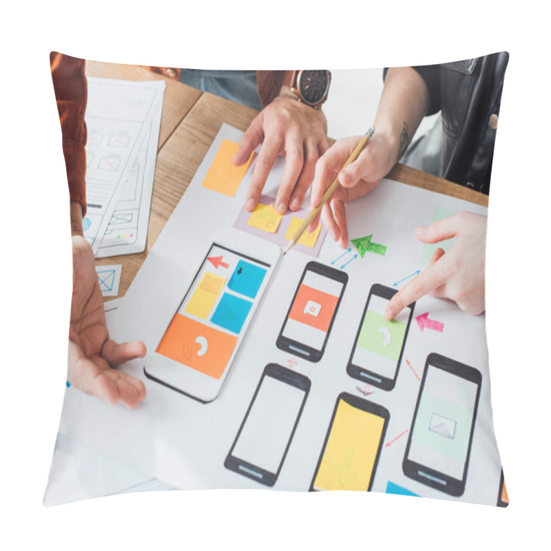 Personality  Cropped View Of Developers Creative User Experience Design Of Mobile Website With Layouts On Table Isolated On Grey Pillow Covers