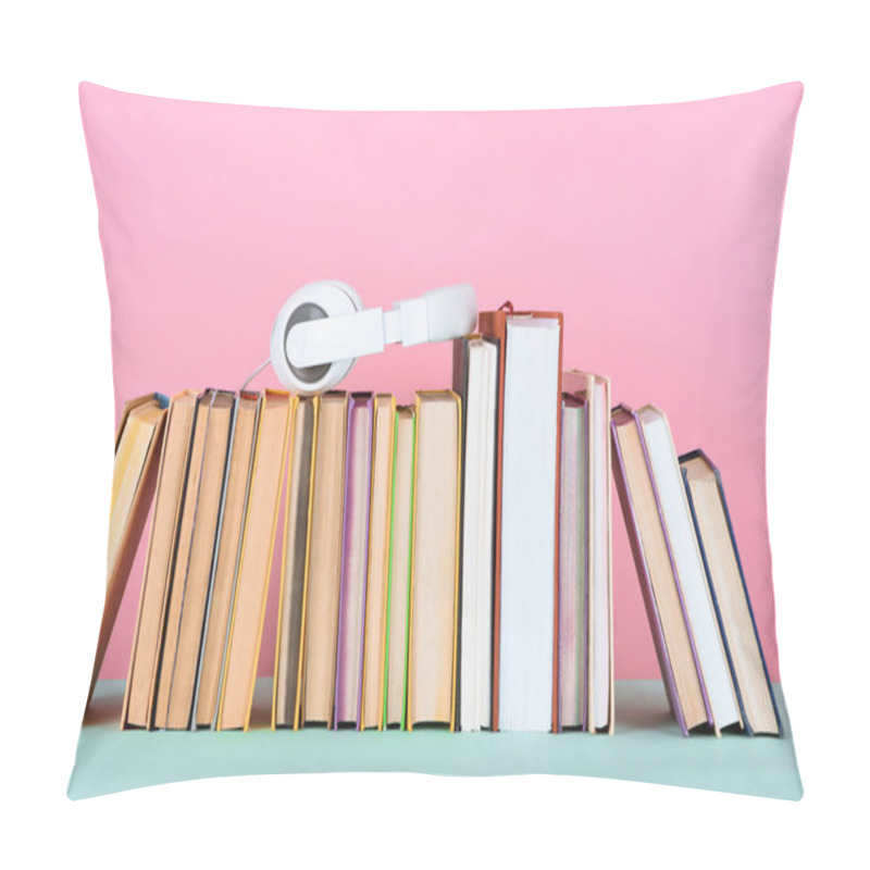 Personality  Headphones On Row Of Books On Table On Pink Pillow Covers