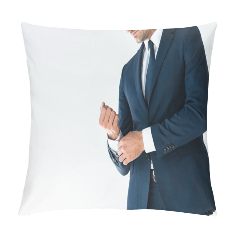 Personality  Cropped Image Of Businessman Buttoning Cuff Isolated On White Pillow Covers