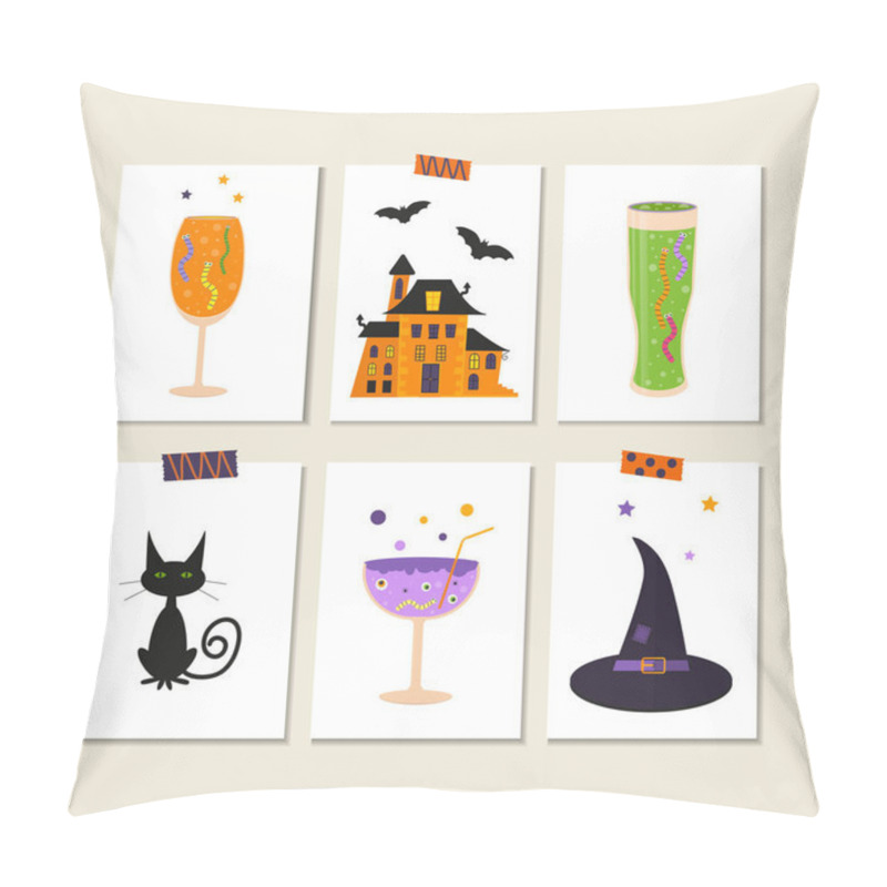 Personality  Set Of Cute Vector Halloween Stickers Of Pumpkin, Castle, Cat, Ghost, Candy, Bat, Hat, Cocktails. Elements, Objects For Holiday Card, Holliday Invitation And Party Design Pillow Covers