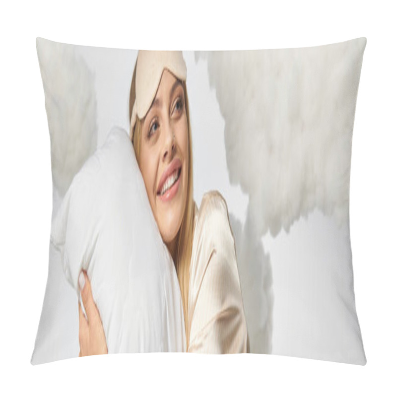 Personality  A Blonde Woman In Cozy Pyjamas Holds A Pillow Amidst Clouds. Pillow Covers