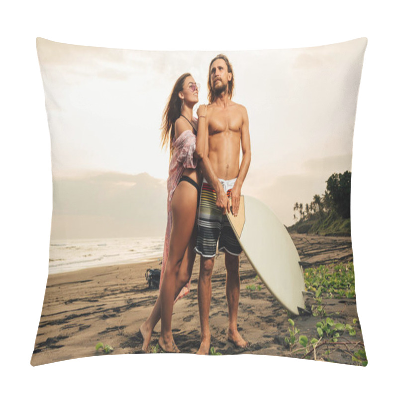 Personality  Smiling Girlfriend Hugging Boyfriend With Surfboard On Beach During Sunset In Bali, Indonesia Pillow Covers