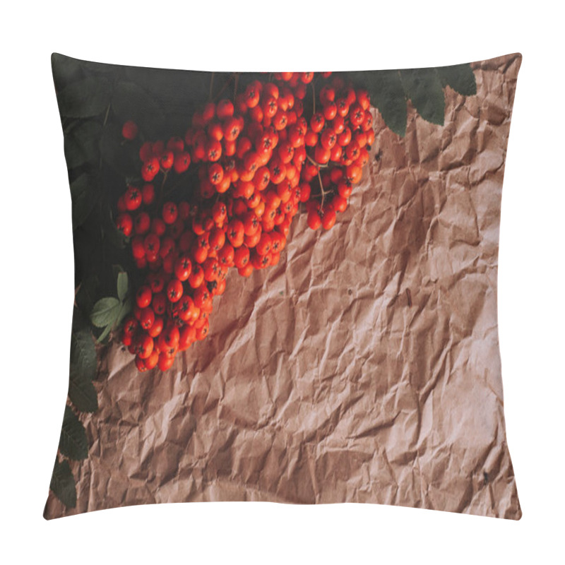 Personality  Studio Shot Of Branches With Orange Rowan Berries On Brown Crumpled Craft Paper, Copy Space Pillow Covers