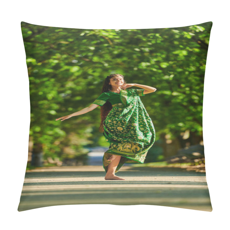 Personality  Cheerful Young Indian Woman In Sari Dancing On Road With Green Trees On Background Pillow Covers