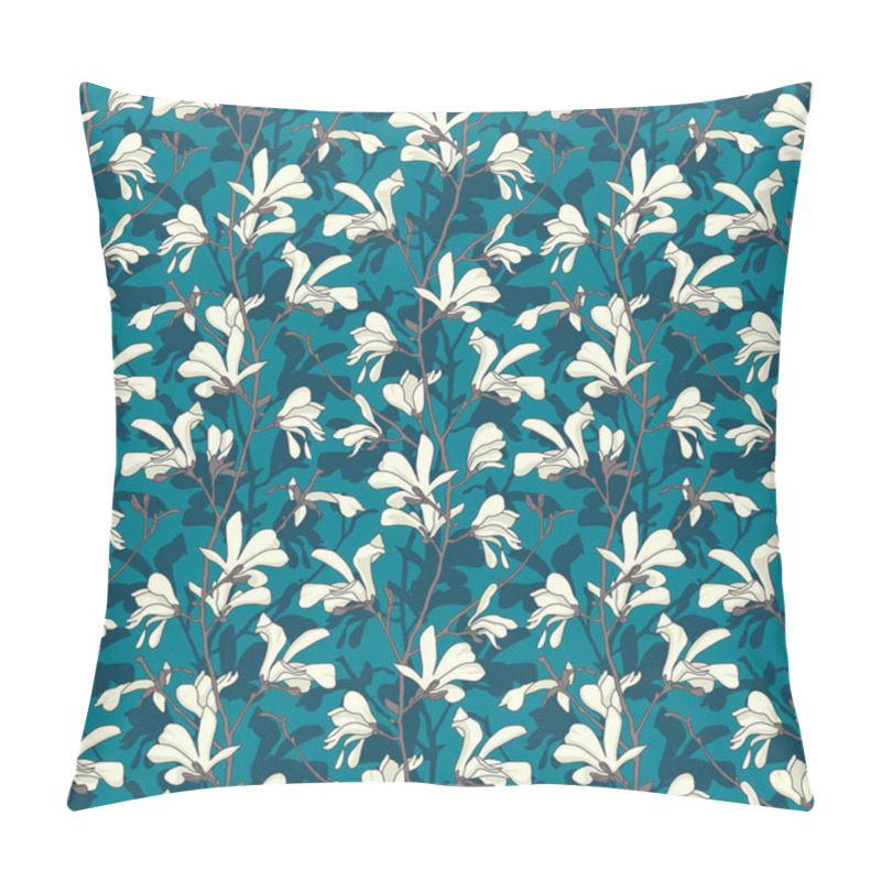 Personality  Seamless Pattern With Magnolia Tree Blossom. Green Floral Background With Branch And White Magnolia Flower. Spring Design With Big Floral Elements. Hand Drawn Botanical Illustration. Pillow Covers