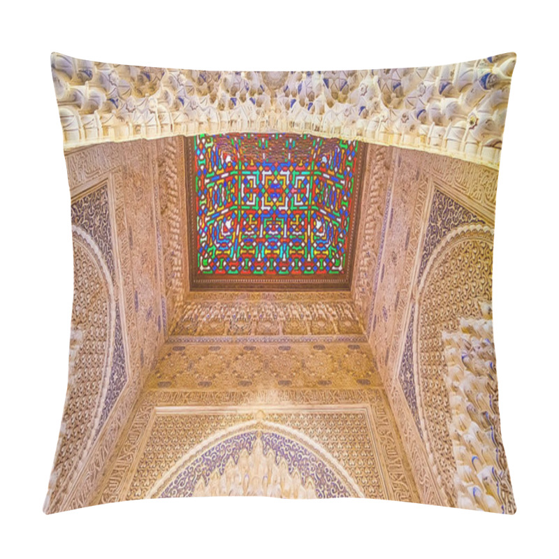 Personality  GRANADA, SPAIN - SEPTEMBER 25, 2019: The ornate Daraxa's Mirador pavilion (Nasrid Palace, Alhambra) with colorful stained-glass dome, surrounded by sebka, mocarabe and Islamic patterns, on September 25 in Granada pillow covers