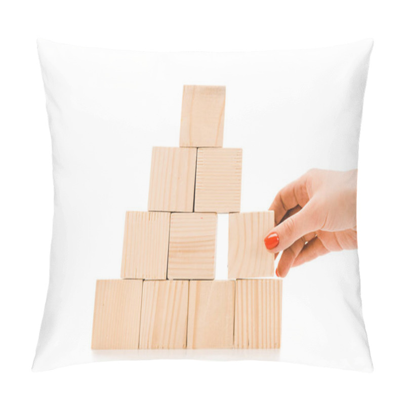 Personality  Cropped View Of Woman Picking Up One Wooden Block With Copy Space From Pyramid Isolated On White Pillow Covers