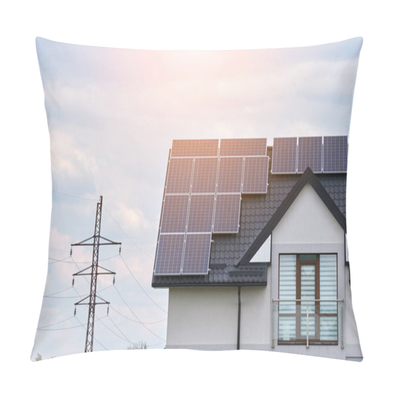 Personality  Residential House With Rooftop Covered With Solar Photovoltaic Panels For Producing Of Clean Ecological Electrical Energy In Suburban Rural Area. Concept Of Autonomous Home Pillow Covers