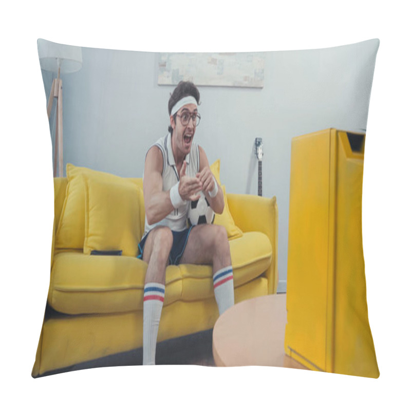 Personality  Excited Football Fan With Soccer Ball Gesturing While Watching Game On Retro Tv  Pillow Covers