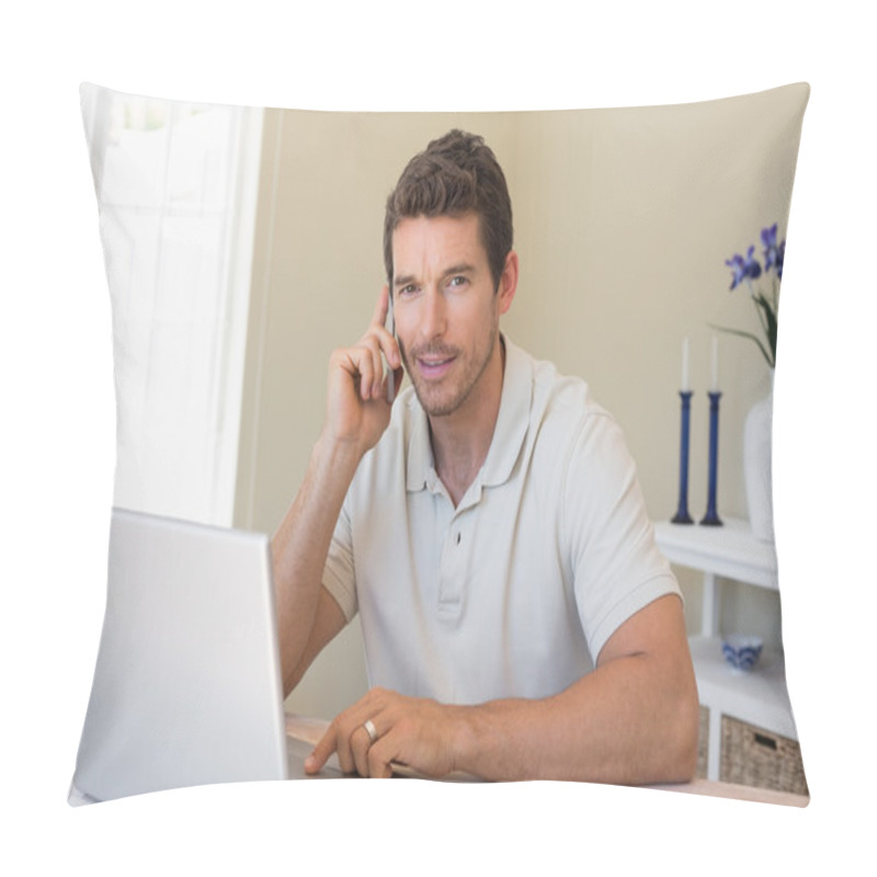 Personality  Smiling Man Using Laptop And Mobile Phone At Home Pillow Covers