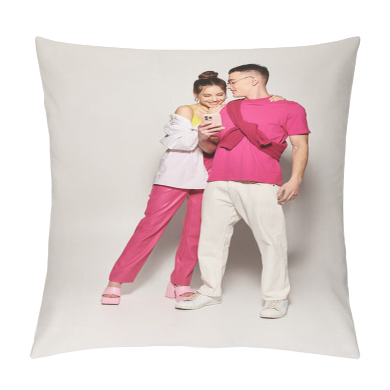 Personality  A Stylish Young Man And Woman Stand Next To Each Other, Expressing Love And Connection In A Studio With A Grey Background. Pillow Covers