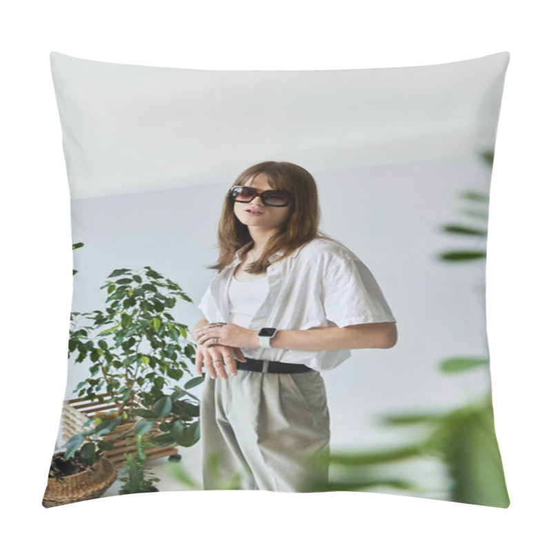 Personality  A Young Man Showcases His Trendy Outfit While Surrounded By Vibrant Indoor Greenery. Pillow Covers