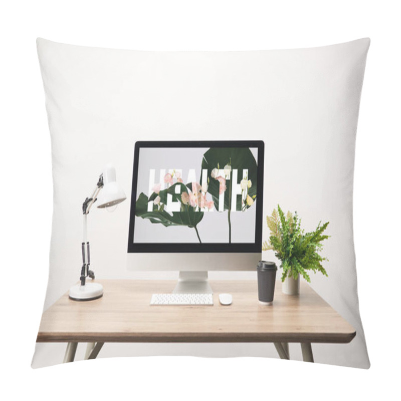 Personality  Computer With Green Leaves And Health Lettering On Monitor On Wooden Desk Pillow Covers