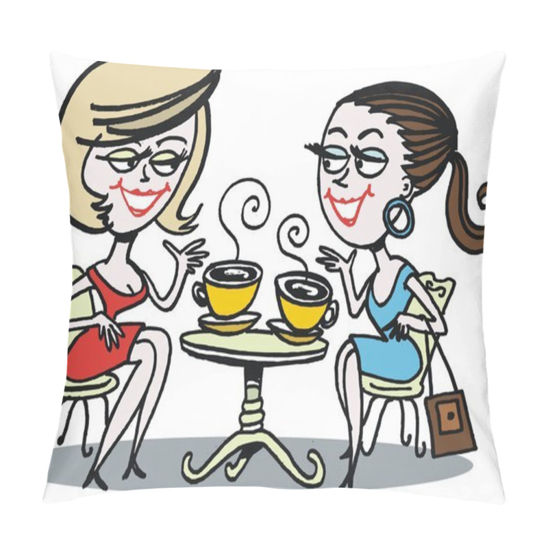 Personality  Vector Cartoon Of Two Women Talking Over Cup Of Coffee. Pillow Covers