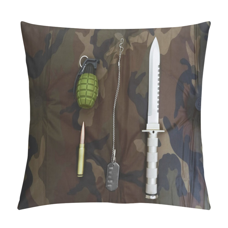 Personality  Knife, Bullet, Pineapple And Army Token On The Background Of Camouflage. Stainless Steel. Khaki Backdrop.  Pillow Covers