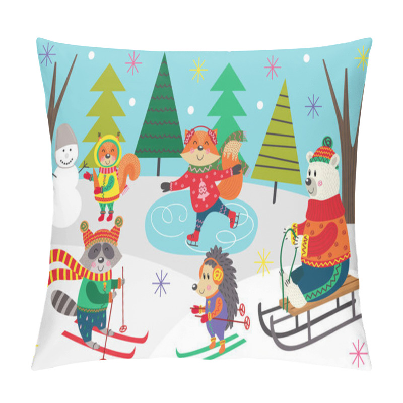 Personality  Poster Winter Fun With Animals In Forest  - Vector Illustration, Eps Pillow Covers