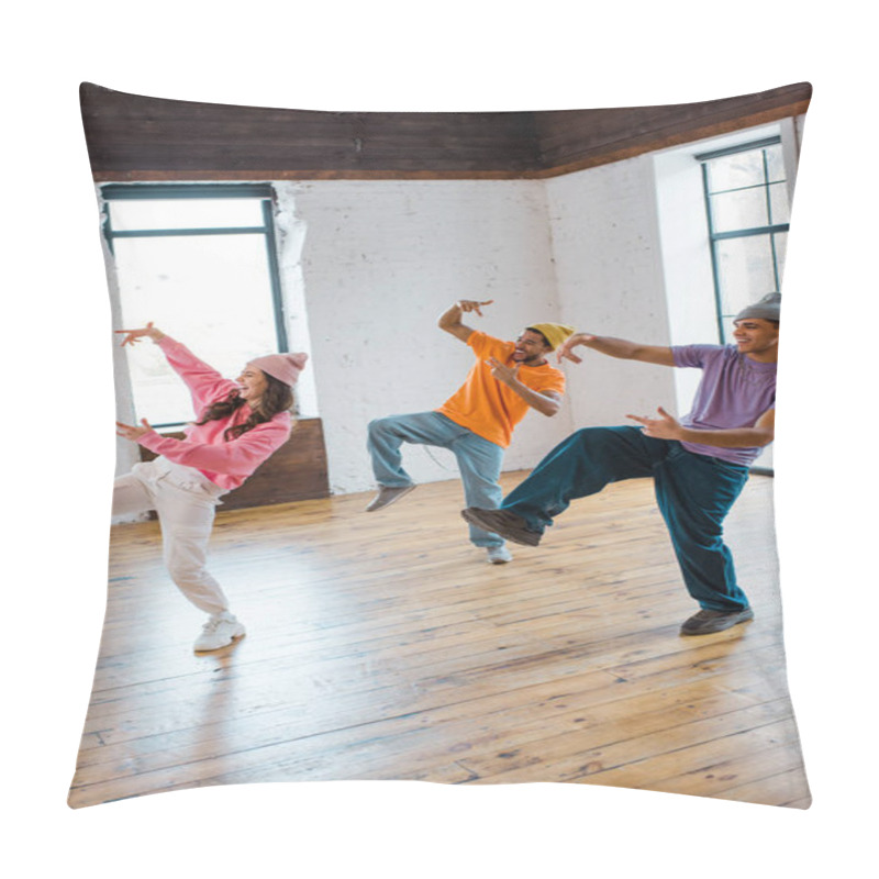 Personality  Attractive Girl Breakdancing And Gesturing With Stylish Multicultural Men In Hats  Pillow Covers