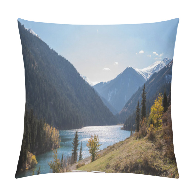 Personality  Crystal-clear Mountain Lake Nestled Among Evergreen Pine Forests With Snow-capped Peaks In The Background, Under A Bright Blue Sky Pillow Covers