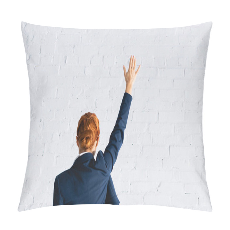 Personality  Back View Of Woman Voting With Raised Hand Against White Brick Wall Pillow Covers