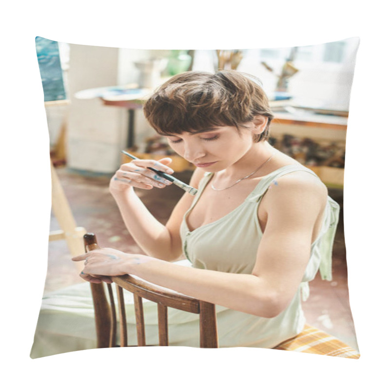 Personality  A Woman Seated In A Chair, Delicately Holding Brush. Pillow Covers