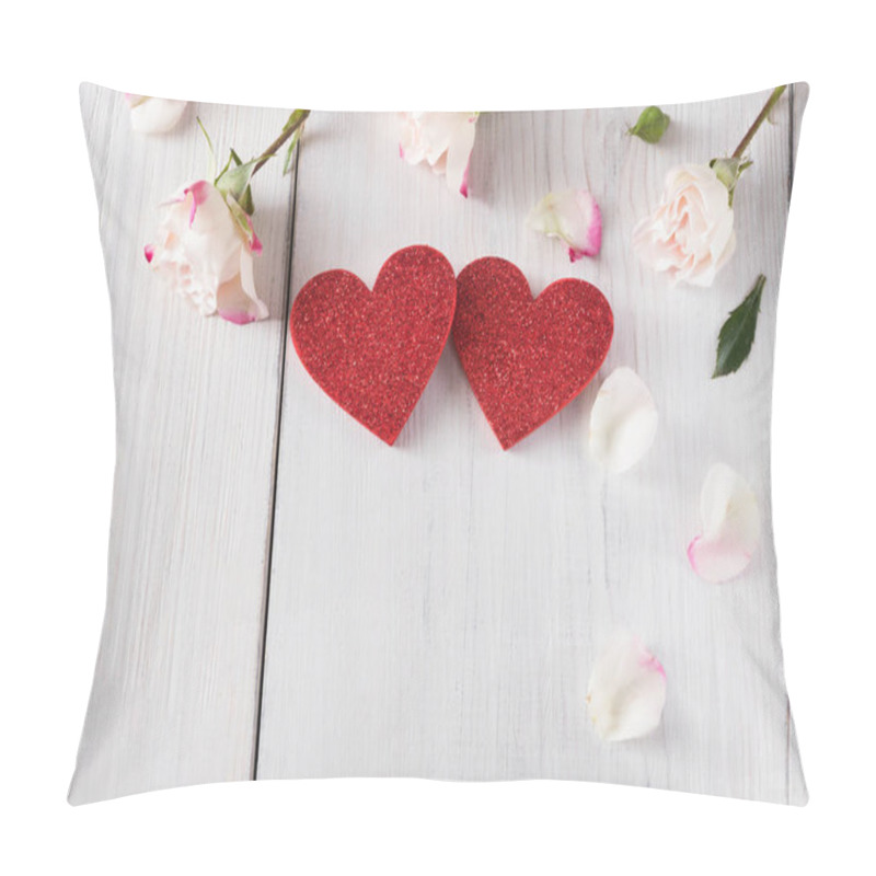 Personality  Pink Rose Flowers Petals And Handmade Wooden Glitter Hearts On White Rustic Wood Pillow Covers