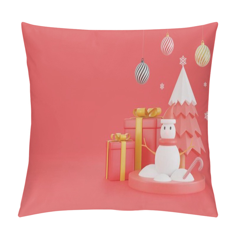 Personality  Happy New Year And Merry Christmas.Christmas Elements With Red Background.Greeting Card.christmas Card.Holiday Xmas Background.snowflakes,Ball,Copy Space,Snowman.3D Rendering. Pillow Covers