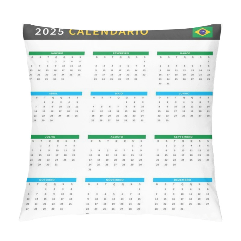 Personality  Calendar 2025 Brazil Template Design. Brazilian Calendario, Week Starts From Sunday. Vector Illustration Pillow Covers