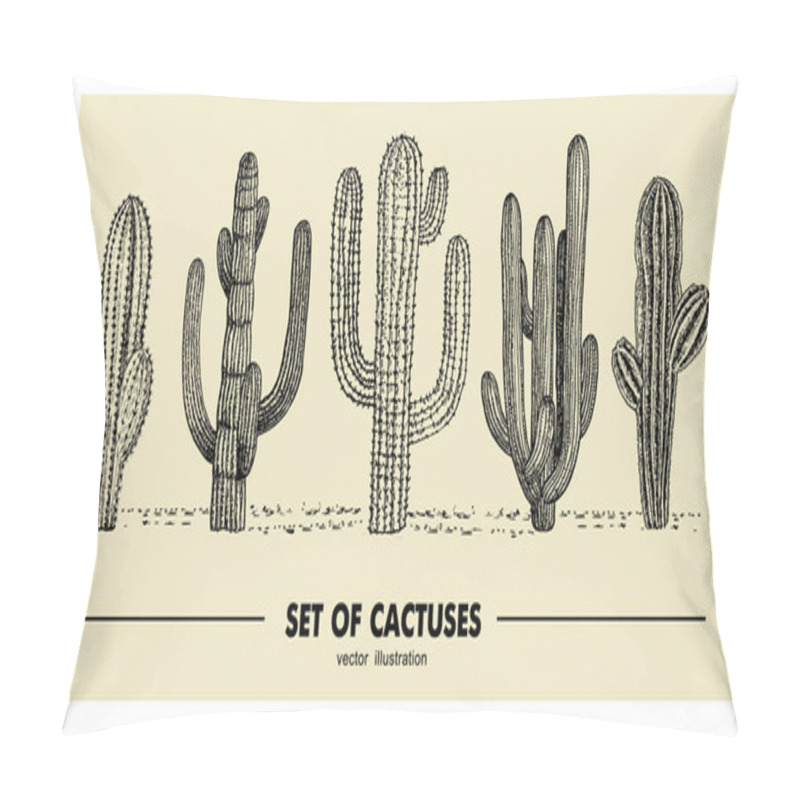 Personality  Vector Set Of Hand Drawn Cactus. Sketch Illustration. Different Cactuses In Monochrome Style Pillow Covers