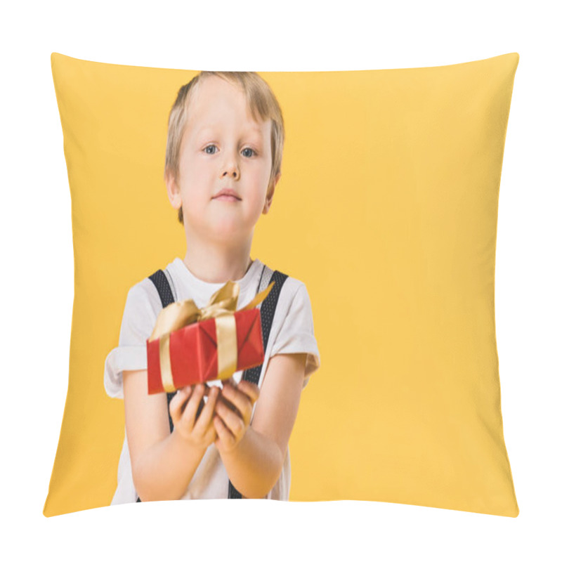 Personality  Selective Focus Of Little Boy With Wrapped Present Isolated On Yellow Pillow Covers