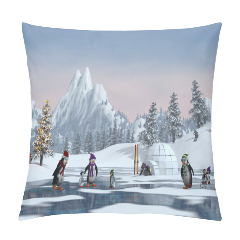 Personality  Penguins In A Snowy Christmas Mountain Landscape, 3d Render Pillow Covers