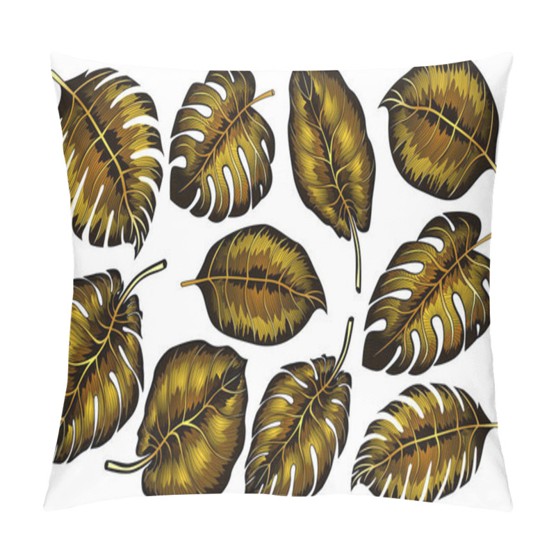 Personality  Set Of Tropical Gold Monstera Leaves Isolated On Black Background. Vector Illustration. Pillow Covers