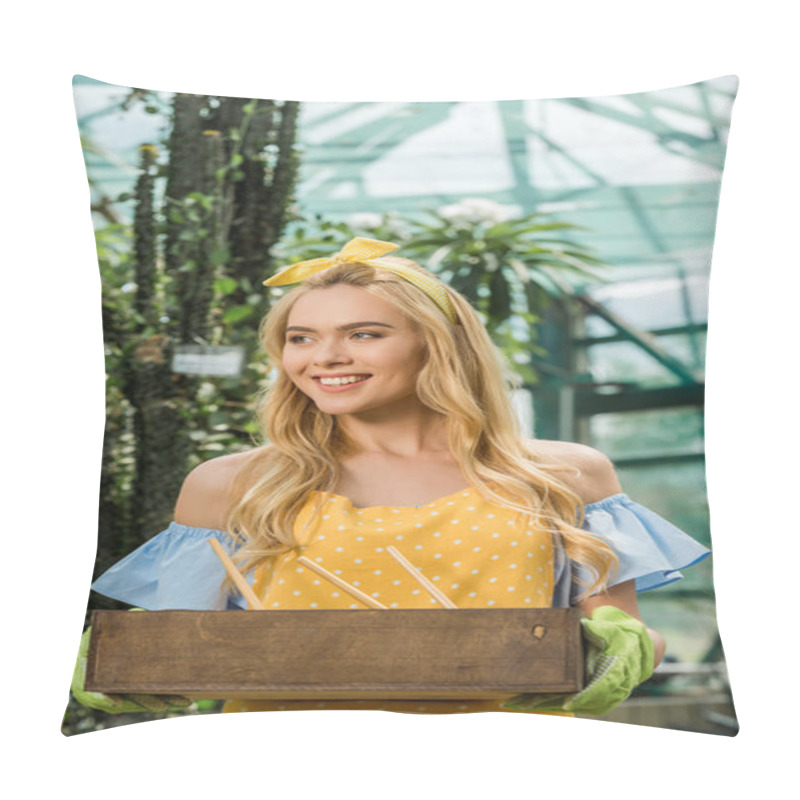 Personality  Beautiful Smiling Young Woman Holding Box With Gardening Tools And Looking Away In Greenhouse Pillow Covers